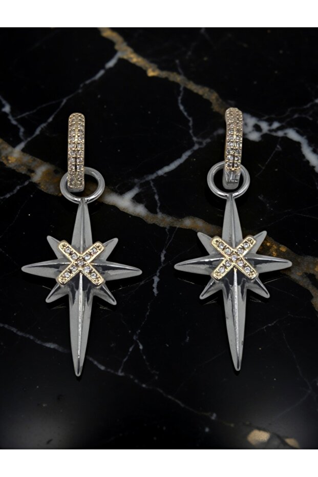 Two-Tone Star Motif Dangle Earrings in Silver and Gold Color with Zircon Stone - Tarnish Resistant