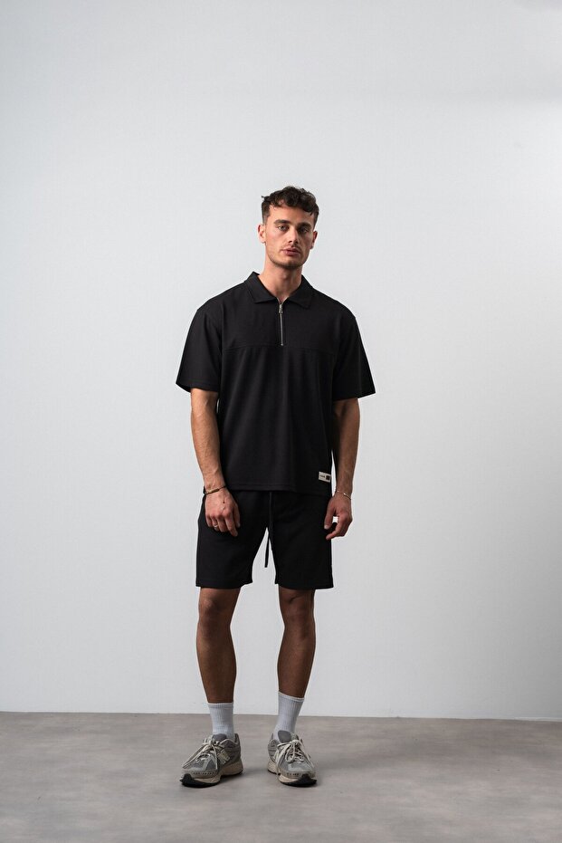 Men's Polo Collar Regular Fit T-Shirt Shorts Set Black
