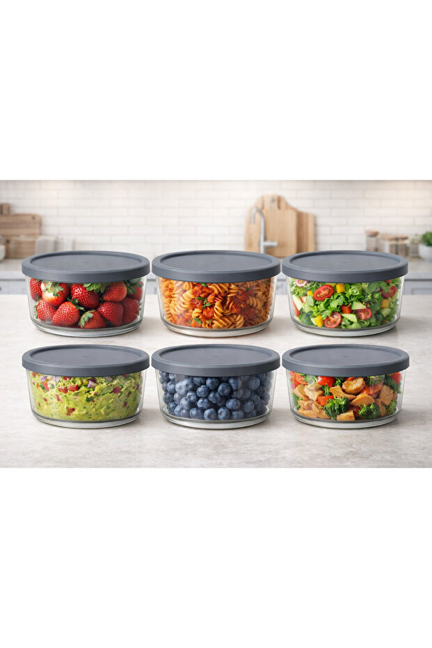 Feyzade Round Glass Storage Container Set (1490Cc X 6 Pieces) Gray with Lid (Lv-Rnd-217)