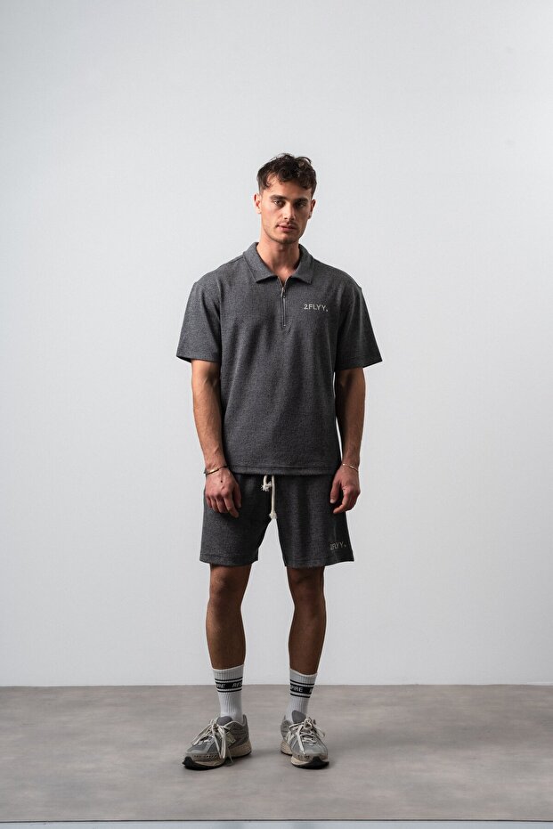Men's 2Flyy Written Half Zipper Regular Fit T-Shirt Shorts Set Black