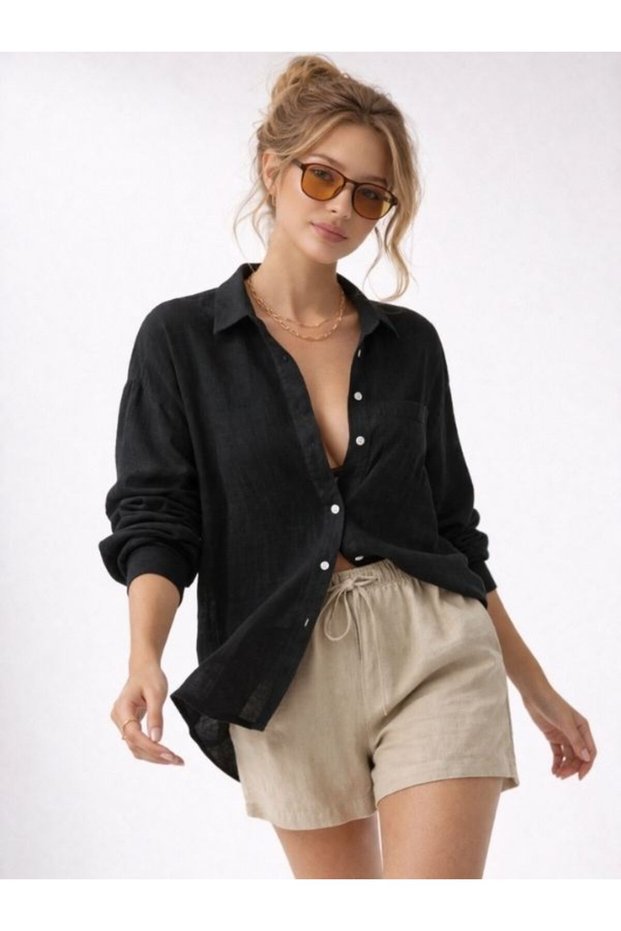 Women's Black Long Sleeve Shirt Muslin Fabric with Pockets 100% Cotton Textured Fabric Summer Wear
