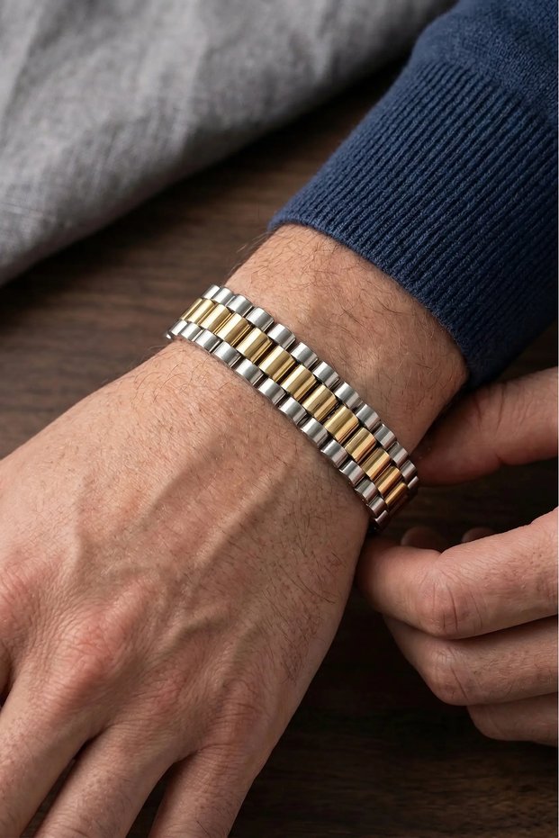 Men's Bracelet 316L Steel Gold and Silver Color 12 mm Thickness