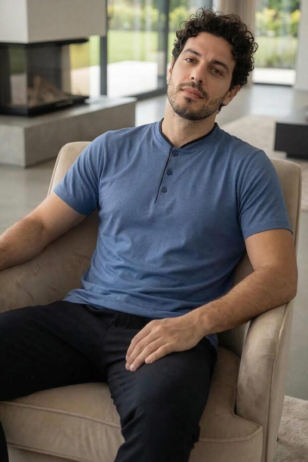 Midnight Steel Short Sleeve Elegant Men's Pajama Set with Placket Detail