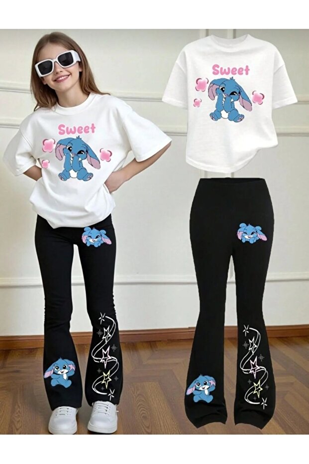 Summer Collection Sweet Printed White T-Shirt Black Printed Bottom Spanish Flared Pants Double Set for Girls
