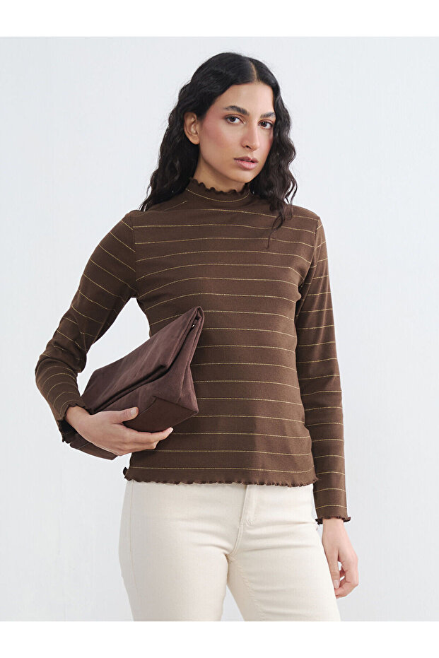Original Ruffled High Neck Striped Women's Bodysuit