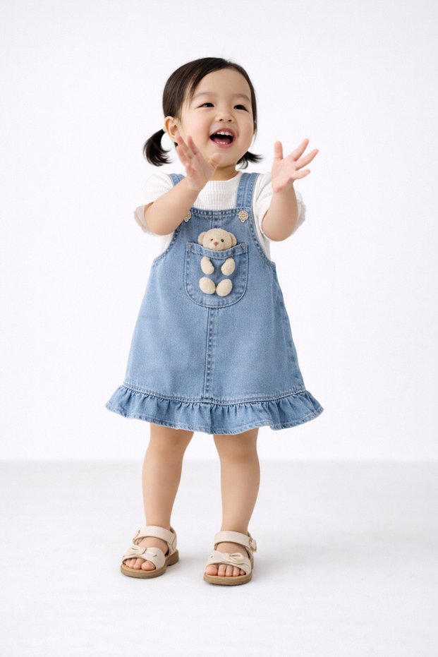 Baby Girl 2-Piece Set Teddy Bear Denim Salopet Dress Short Sleeve Ribbed Bodysuit