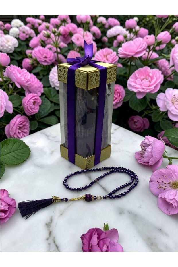 Special Boxed Prayer Rug and Prayer Beads Set, Gift Prayer Rug Set in Rectangular Box