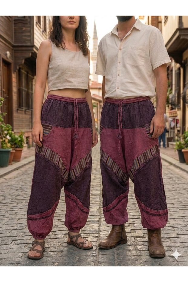 Unisex Nepali Burgundy Ethnic Authentic Loose Bohemian Shalwar with Elastic Waist and Cuffs and Pockets