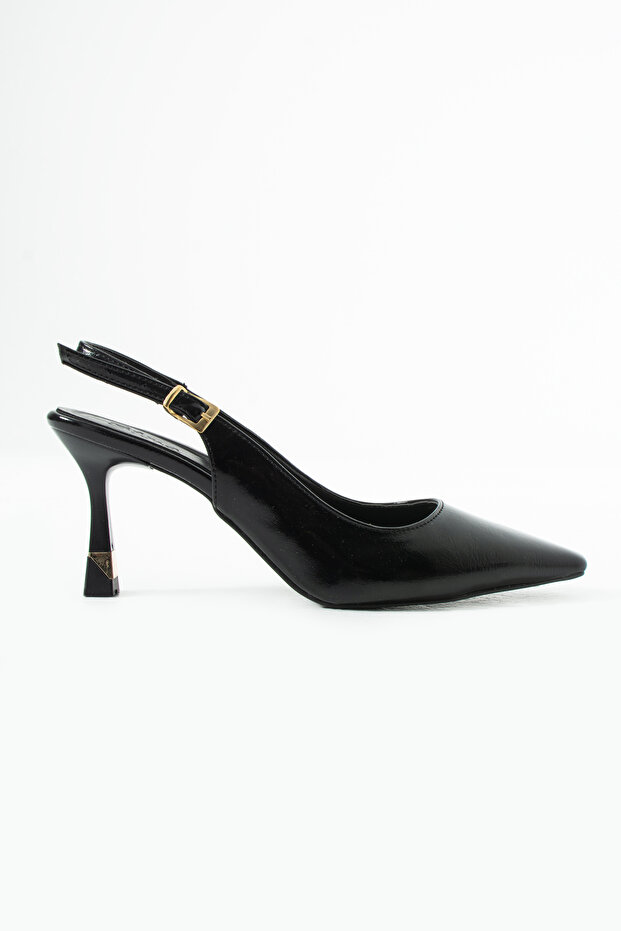 Luna Black Rustic Open-Back Thin Heeled Shoes