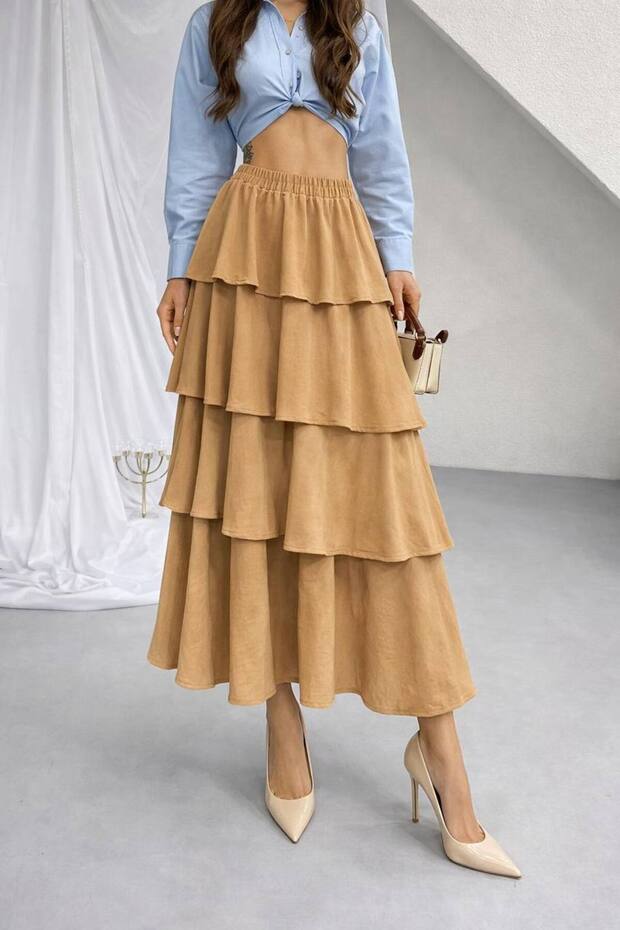 Women's Camel Layered Skirt with Elastic Waist and Lining, Kupra Crepe Skirt 700-3745