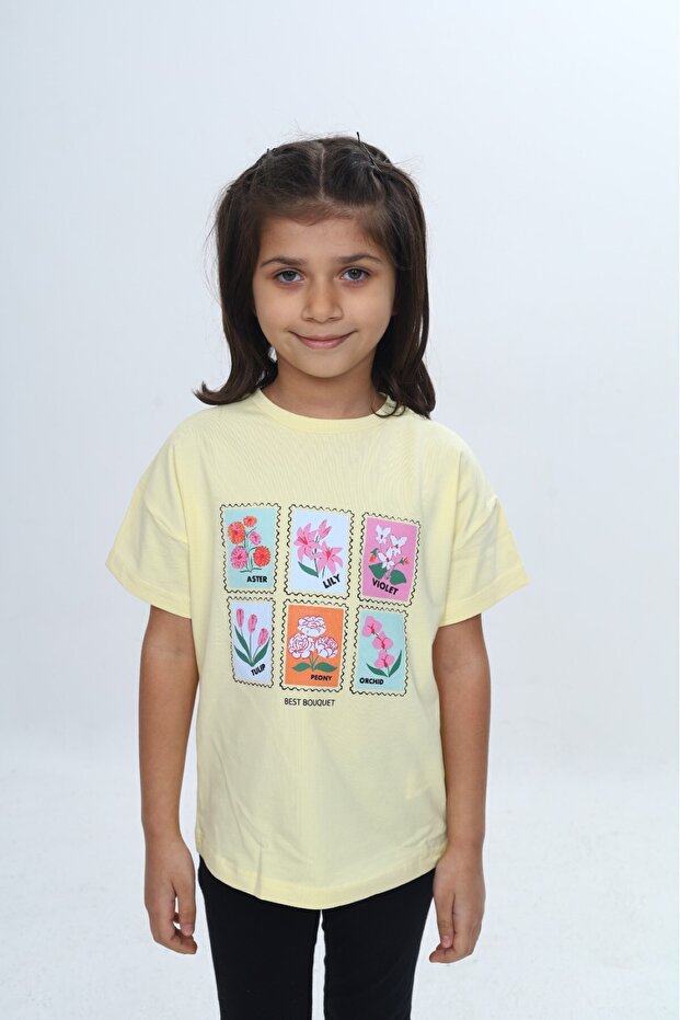 Girl's Printed Crew Neck Drop Shoulder Short Sleeve T-Shirt 24982