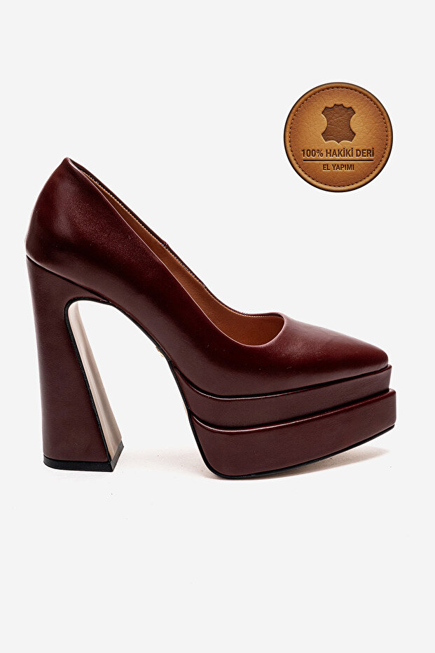 Genuine Leather Claret Red Leather Double Platform Special Design High Heeled Women's Shoes Rigelde