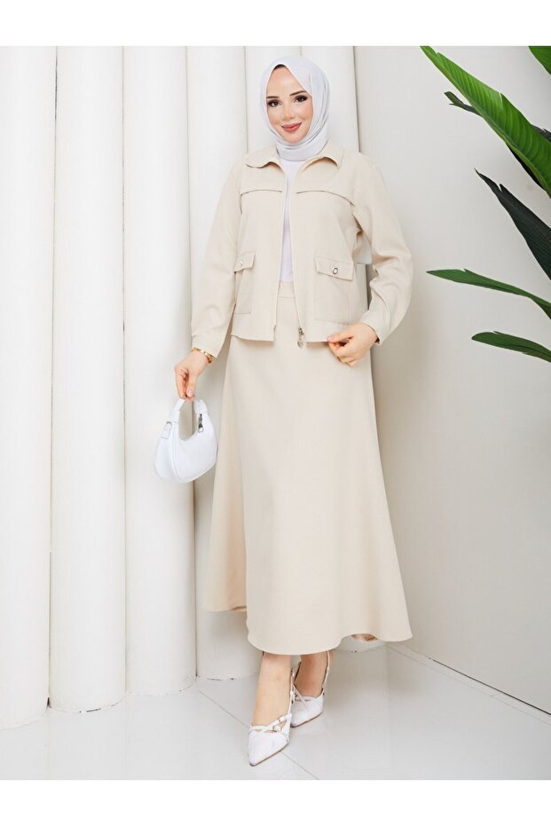Alina Zippered Suit with Stone Buttons and Skirt