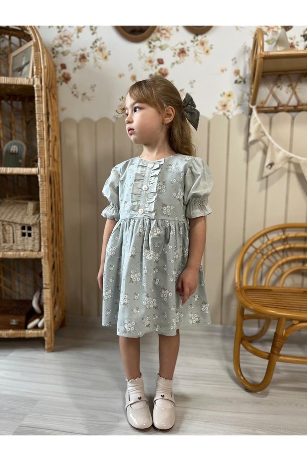 Girl's Floral Patterned Waist-Tie Snap Dress