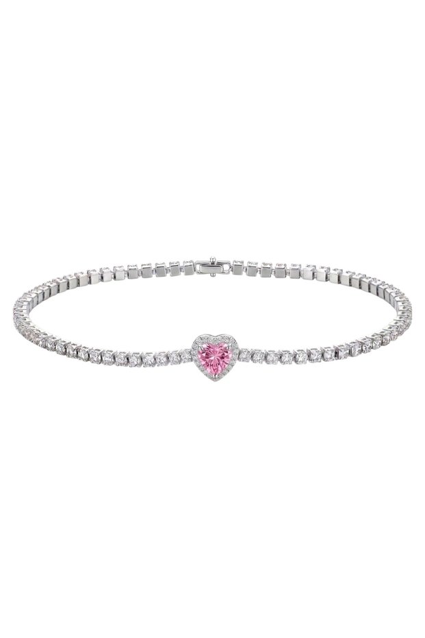 Pink Heart Detailed Waterway Steel Bracelet Non-Tarnish Stainless Silver Color Adjustable Jewelry
