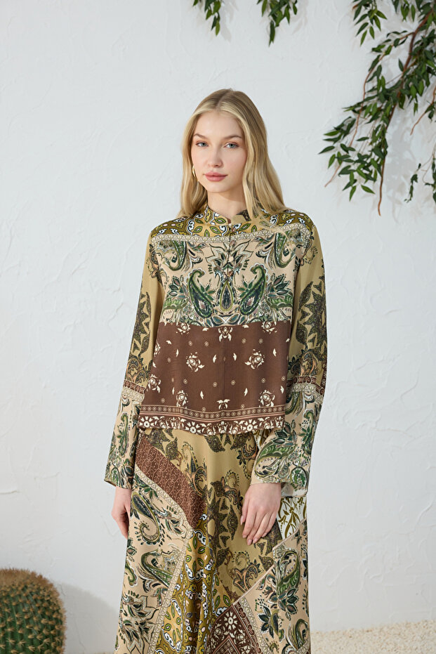 Khaki Brit Detailed Patterned Blouse - 5