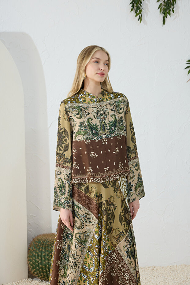 Khaki Brit Detailed Patterned Blouse - 4