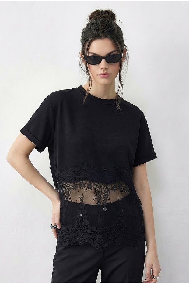 Women's Black Crew Neck Lace Detailed Comfortable Fit T-Shirt 1074 60286064