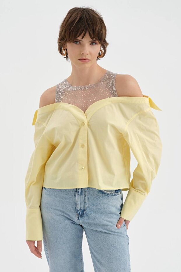 Women's Collared Shirt with Tulle and Stone Detailing