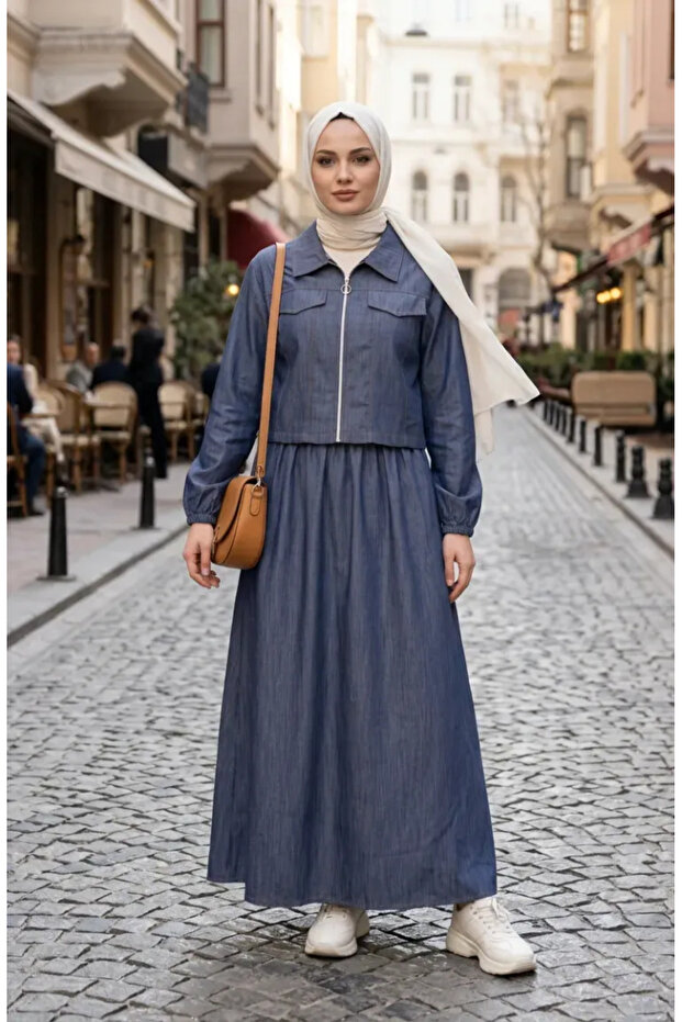طقم مزدوج بتصميم الدنيم مع سحاب 0254-04 أزرق داكن