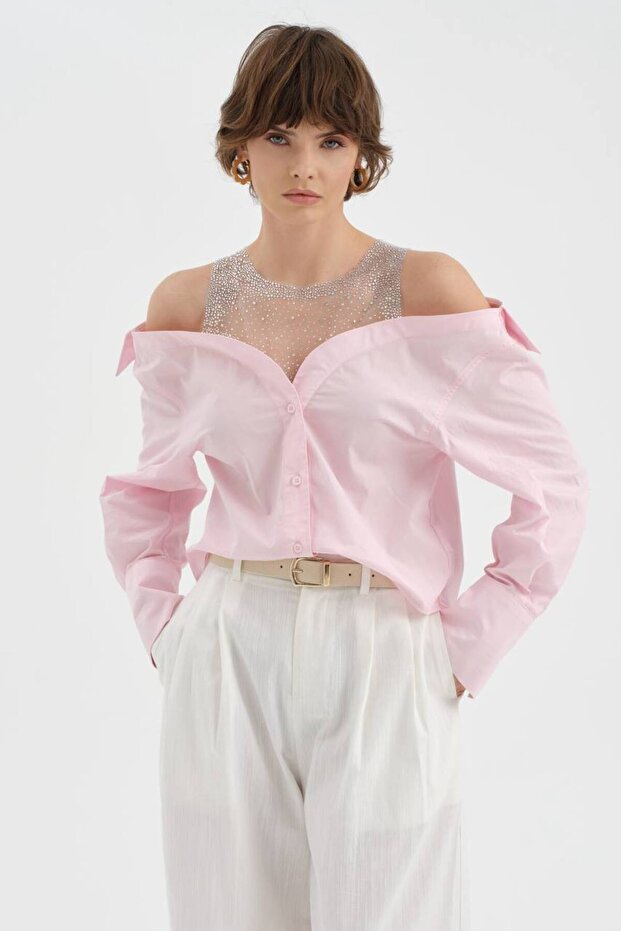 Women's Collared Shirt with Tulle and Stone Detailing
