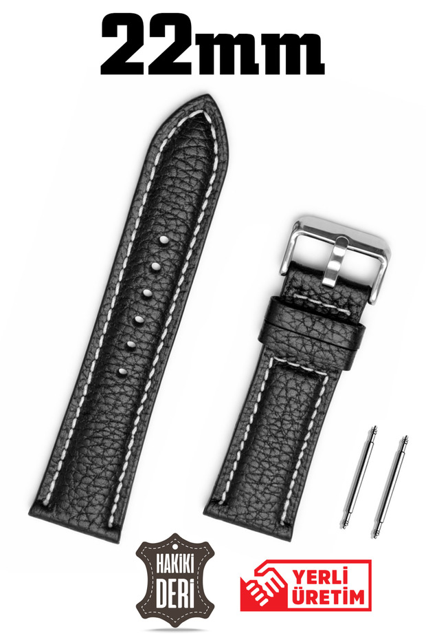 22mm Black and White Stitched Floater Genuine Leather Watch Band Strap