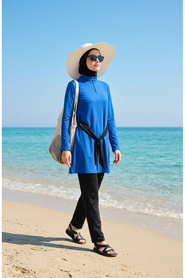 Beli Belted Half Zipper Elegance Hijab Swimsuit 2600-04 Navy Blue