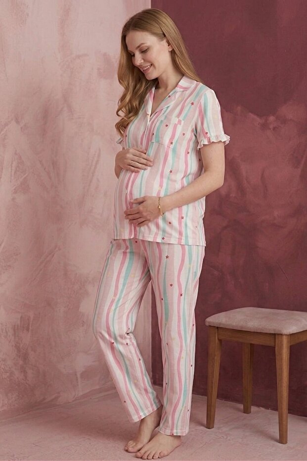Shirt Collar, Front Buttoned, Short Sleeve, Printed Maternity and Postpartum Pajama Set