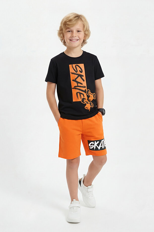 Skate Print Detailed Summer Round Neck Boys' Top and Bottom Set