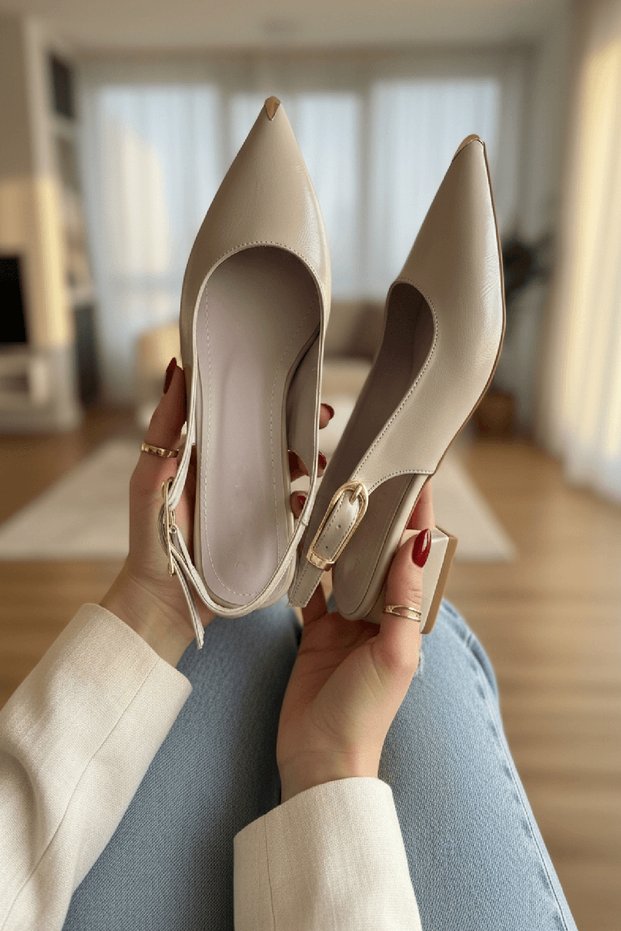 Dundo Beige Wrinkled Patent Leather (4 cm Heel Length) Pointed Toe Heeled Ballerina Shoes