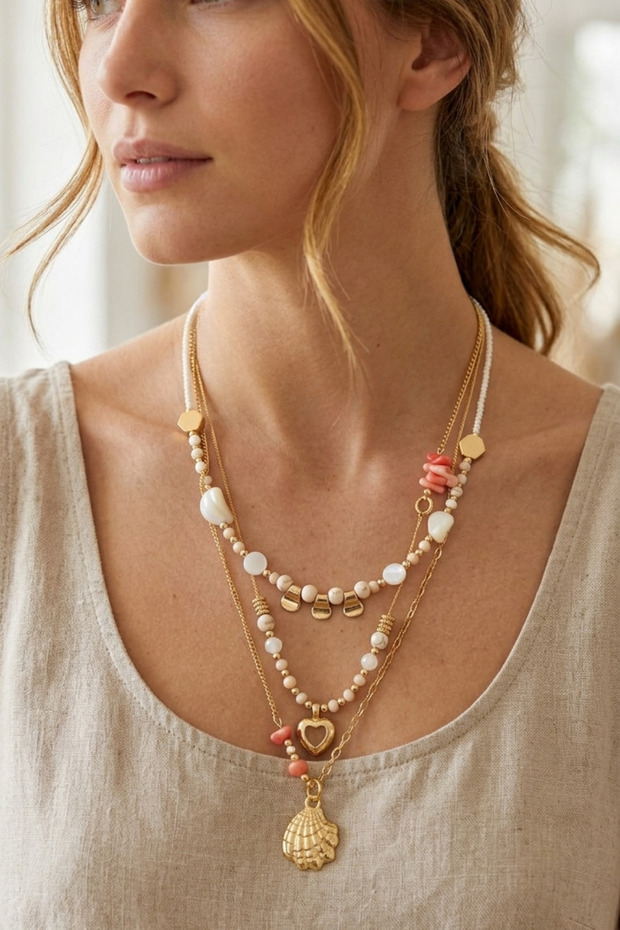 Beaded Multi-Chain Salmon Coral Heart Metal Mussels Pendant