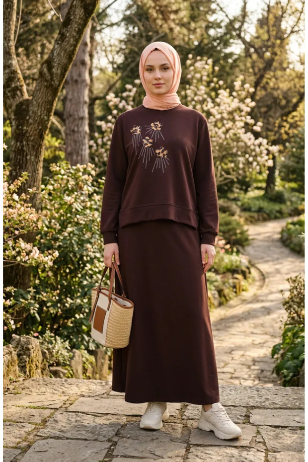 Floral Embroidered Stoned Double Set 0255-01 Brown