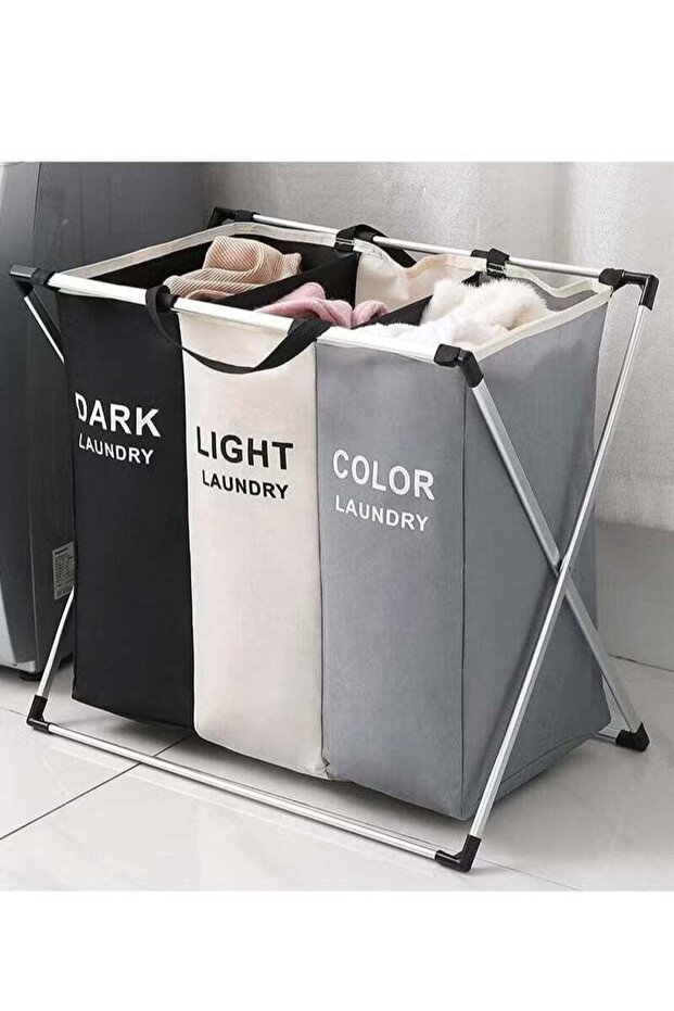 3-Section Foldable Laundry Basket, Waterproof Clothes Hamper with Aluminum Frame
