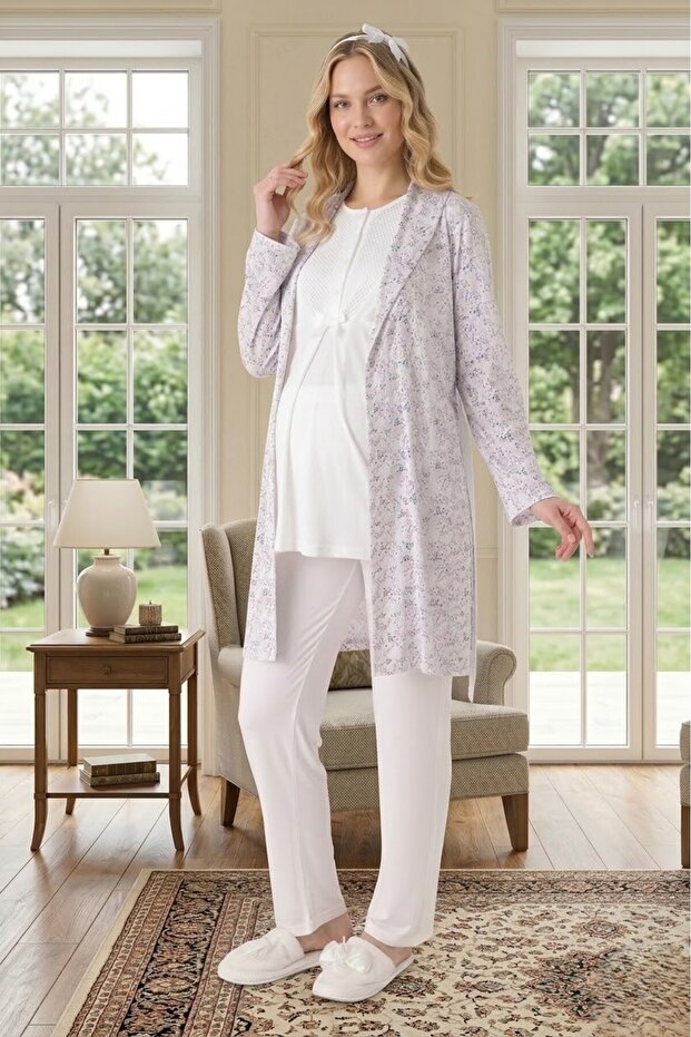 New Season Ecru Summer Shawl Collar Patterned Short Sleeve Maternity Dressing Gown Pajama Set with Breastfeeding Feature