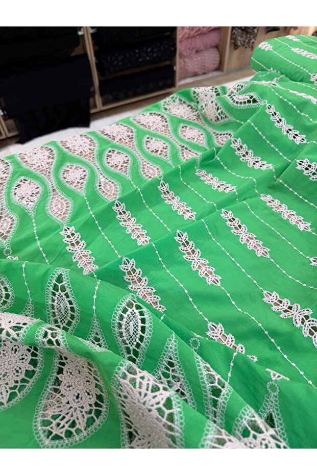 Grass Green Openwork Embroidered Fabric for Dresses and Evening Gowns