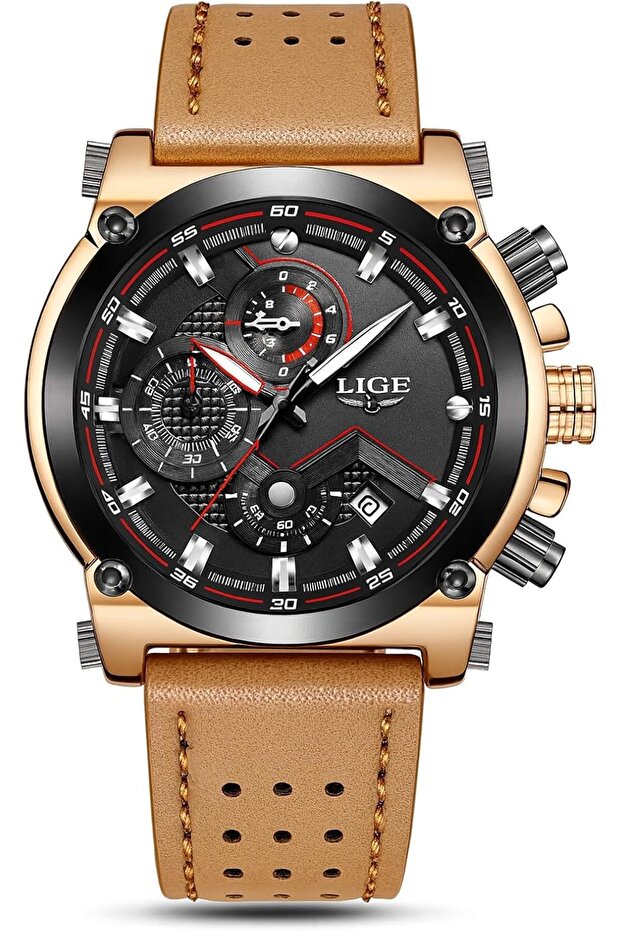 Men’s Chronograph Watch Luxury Sports Design – Rose Gold Case, Black Dial, Brown Leather Ba