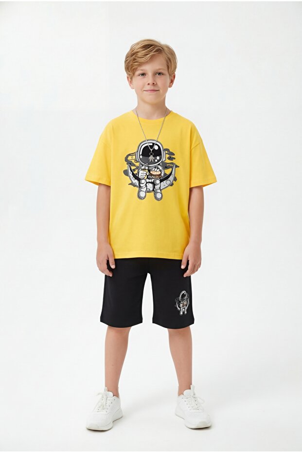 Summer Astronaut Print Detailed Capri Pants Boys' Top and Bottom Set