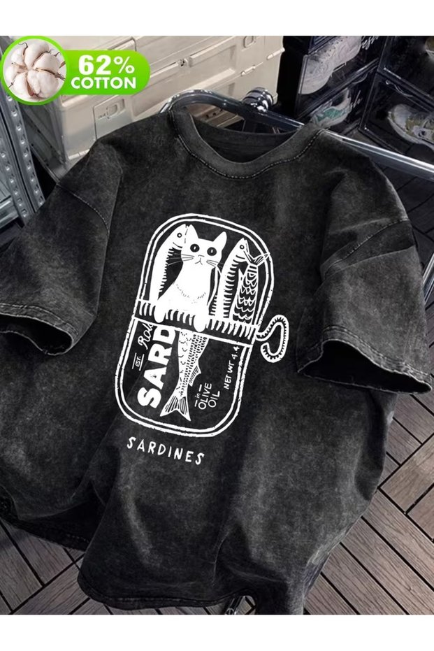 Cute Sweet Cat Printed Unisex Washable Vintage Oversize T-Shirt