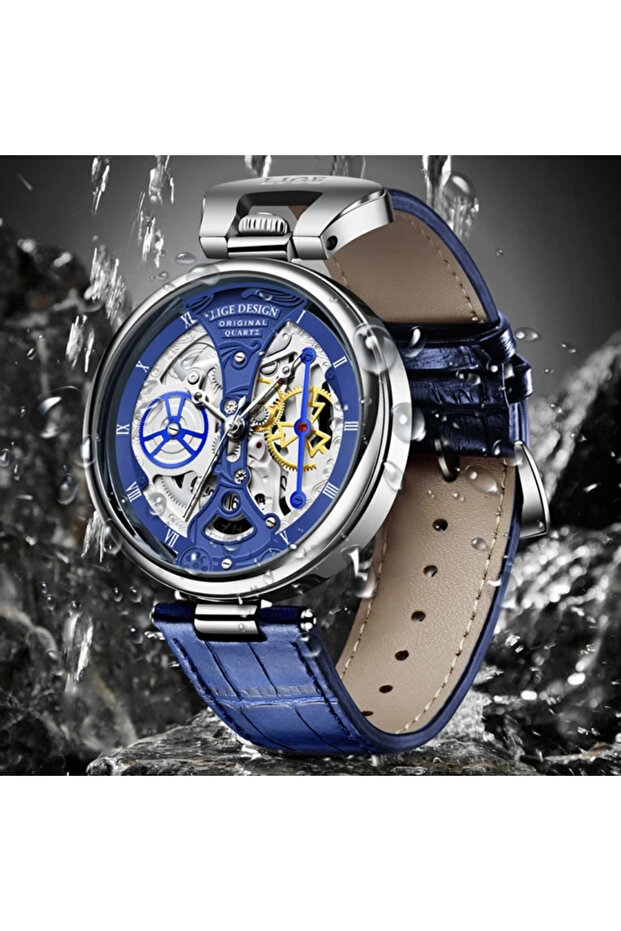 Skeleton Quartz Watch – Blue Leather Luxury Design UAE