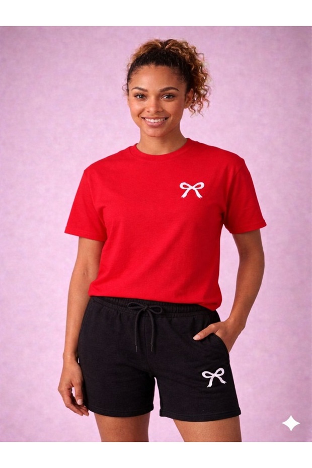 Women'S/Girls' T-Shirt and Shorts Set with Ribbon Print