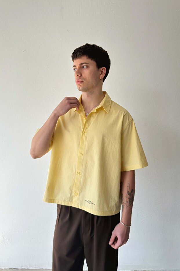 Basic Oversize Yellow Poplin Crop Shirt