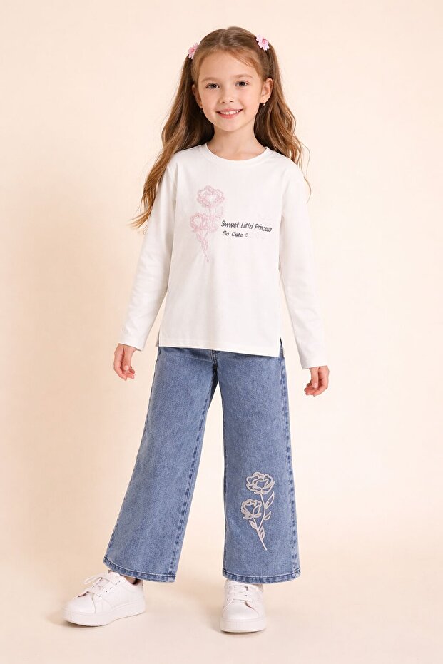 Ecru Rose Embroidered Badili Jean Pants Girls' 2-Piece Set 23749