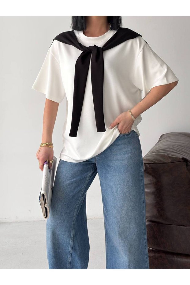Women's Shawl Collar Shoulder-Tie Detailed Premium Softtouch Fabric T-Shirt Gg6687