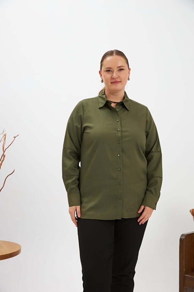 Khaki Plus Size Shirt with Crochet Sleeve Detail