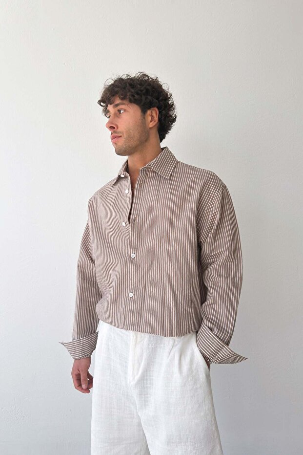 Striped Oversize Brown Linen Shirt