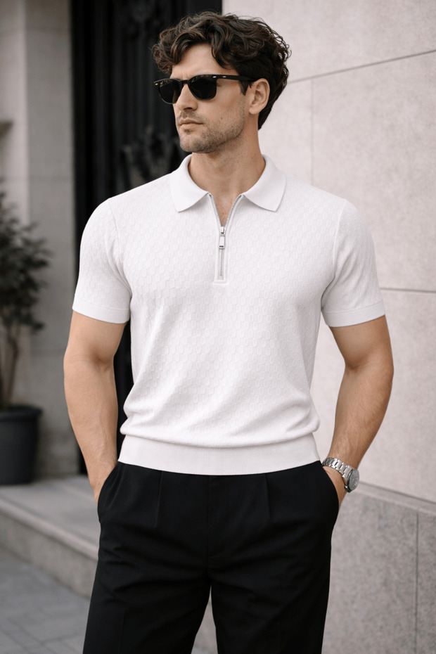 Men's Zippered Polo Collar Knitwear T-Shirt Slim Fit Textured Summer Stylish Casual