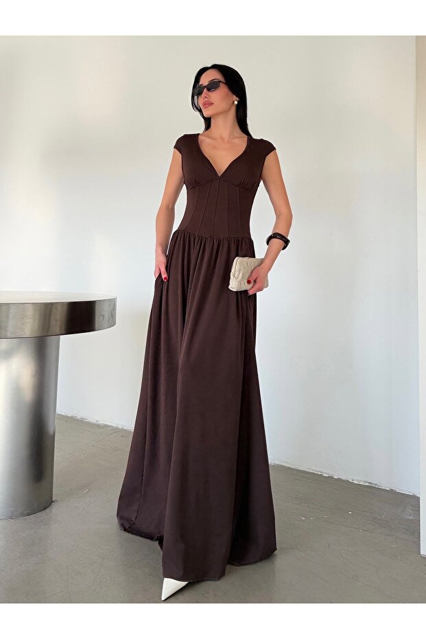 V-Neck Corset Detailed Dress - Brown