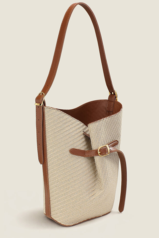 Luna Wicker Bucket Shoulder Bag - with Adjustable Shoulder Strap, Gold Accessories