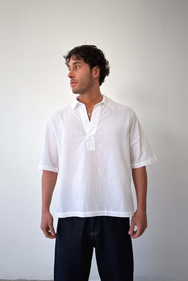 V-Neck White Linen Shirt