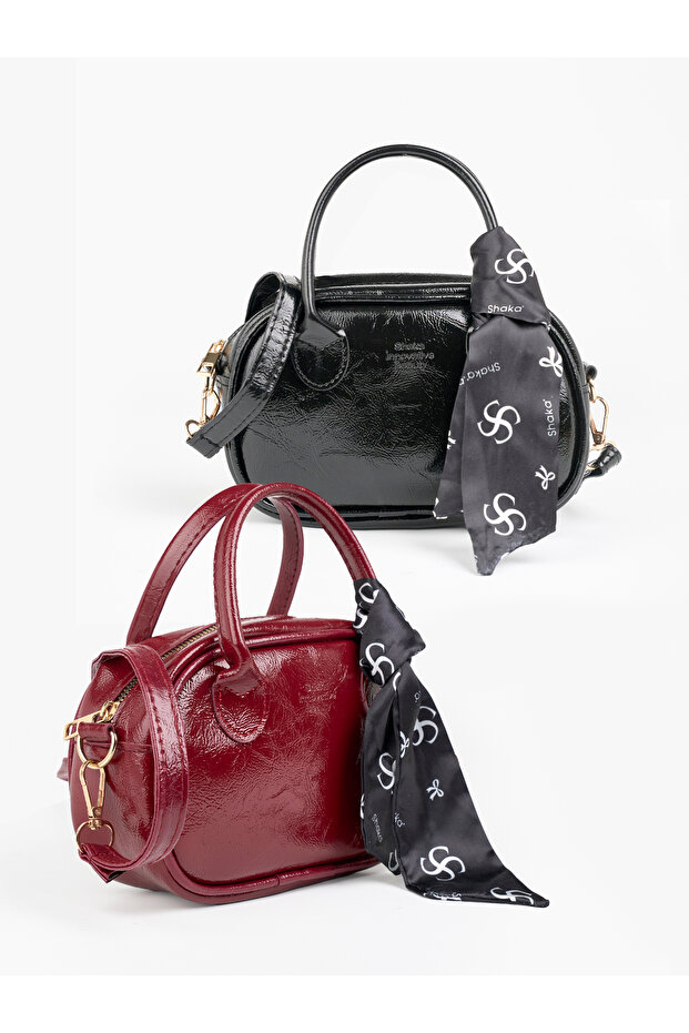 Wrinkled Textured Black/Wrinkled Textured Claret Red Shk289 Set Faux Leather 2-Piece Hand and Shoulder Bag Set